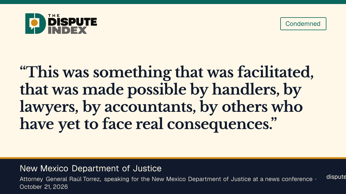 Quote card: New Mexico Department of Justice, Torrez says Epstein's abuse was made possible by handlers, lawyers and accountants