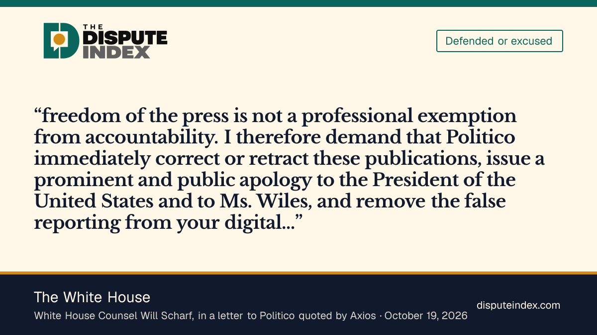 Quote card: The White House, White House counsel demands that Politico retract three stories about Susie Wiles