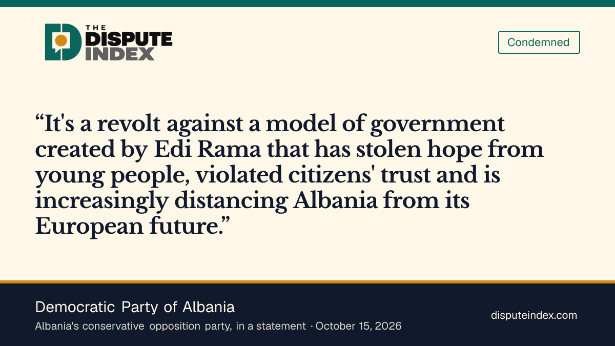 Quote card: Democratic Party of Albania, Democratic Party calls the protests a revolt against Rama's model of government