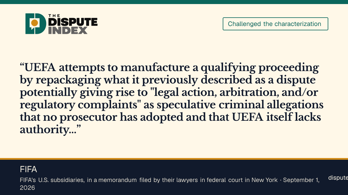 Quote card: FIFA, FIFA's U.S. subsidiaries say UEFA's criminal allegations are speculative and no prosecutor has adopted them