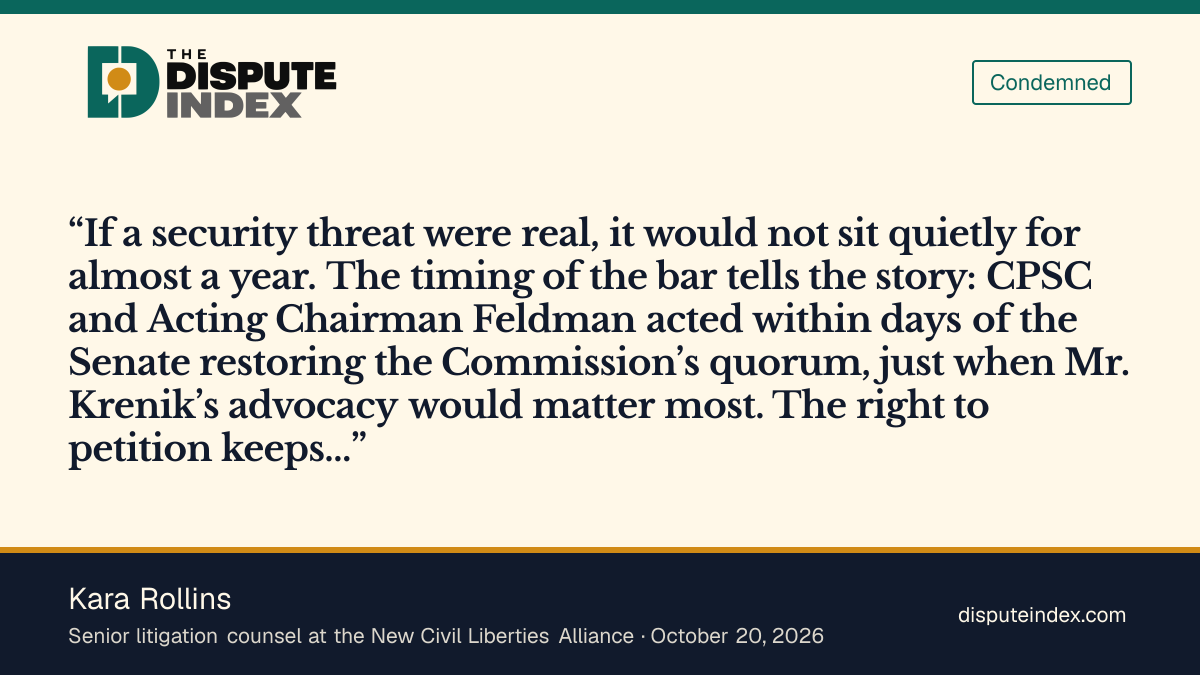 Quote card: Kara Rollins, Rollins argues that the delay in imposing Krenik's ban undermines the security rationale