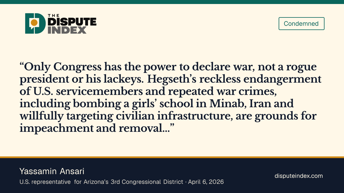 Quote card: Yassamin Ansari, Ansari says Hegseth’s conduct is grounds for impeachment and removal