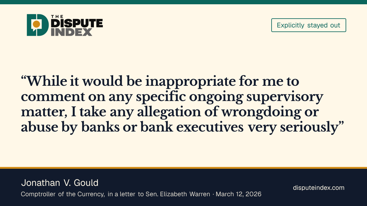 Quote card: Jonathan V. Gould, OCC's Gould declines to comment on specific supervisory matters