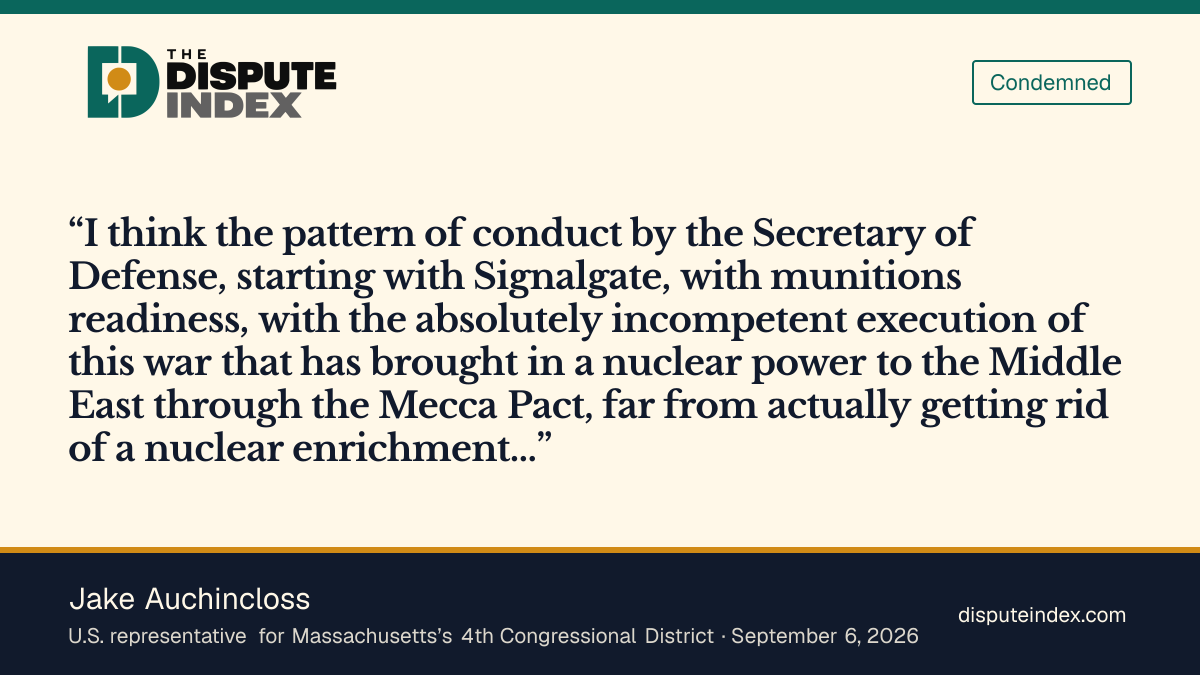 Quote card: Jake Auchincloss, Auchincloss says Hegseth’s pattern of conduct warrants impeachment