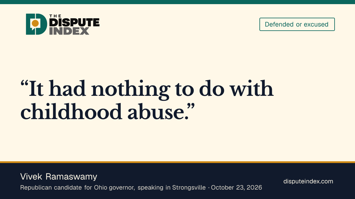 Quote card: Vivek Ramaswamy, Ramaswamy says the ad concerns lying rather than childhood abuse