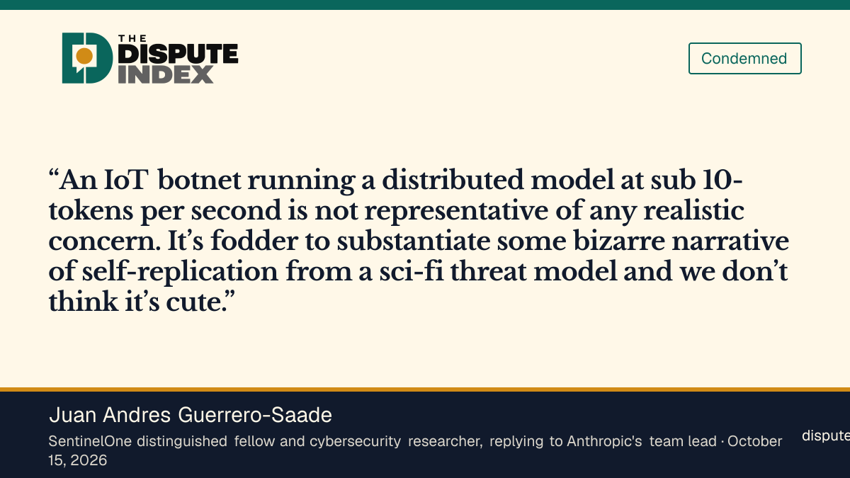 Quote card: Juan Andres Guerrero-Saade, Guerrero-Saade calls the AI-worm scenario unrealistic threat framing