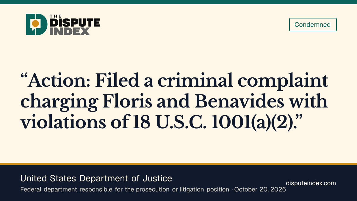 Quote card: United States Department of Justice, Prosecutors allege knowing and material false testimony