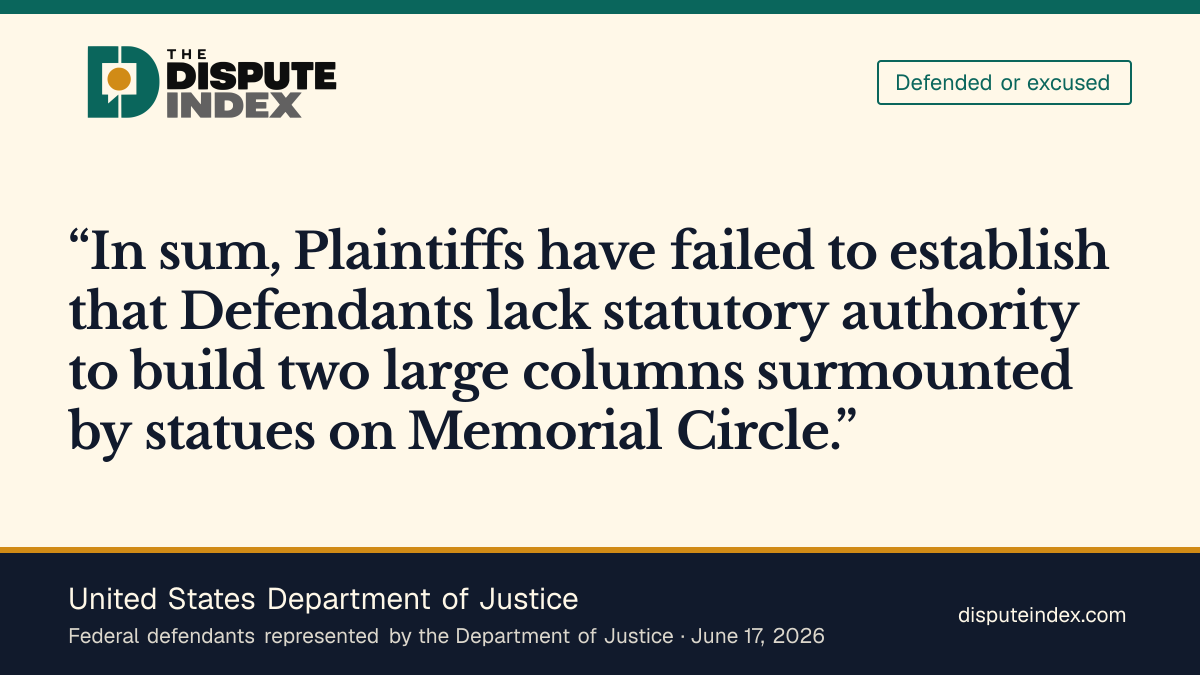 Quote card: United States Department of Justice, Federal defendants cite the 1925 Act in defense of the arch plan