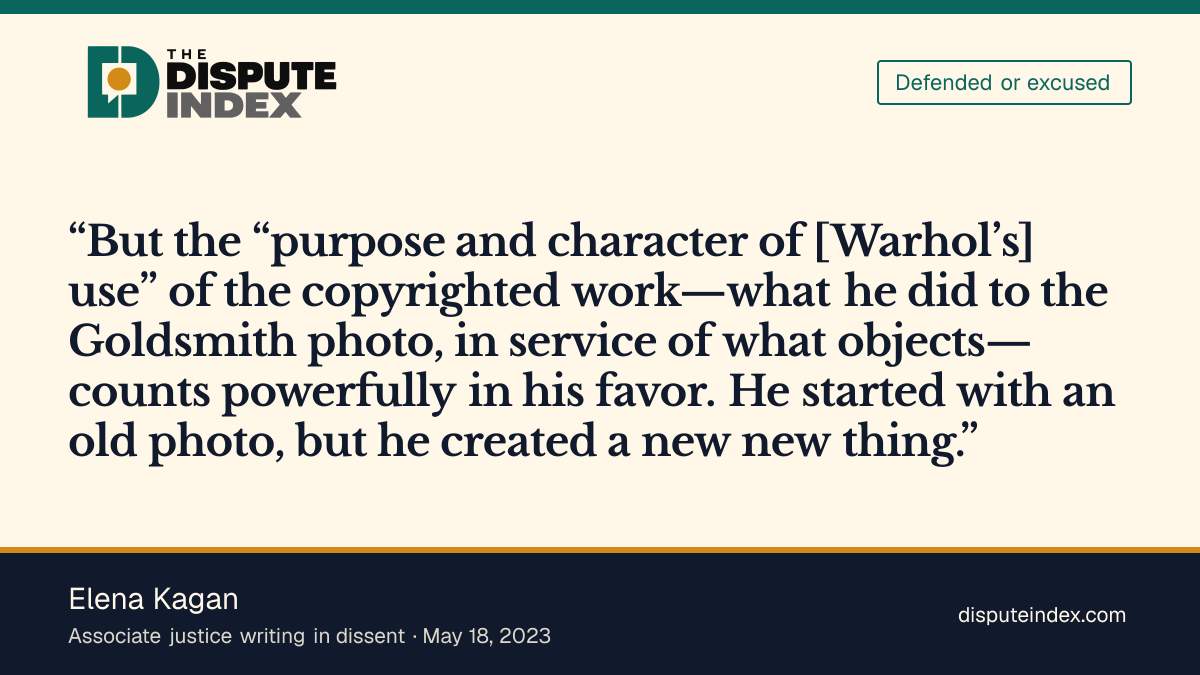 Quote card: Elena Kagan, Kagan says Warhol's purpose and character count powerfully in his favor