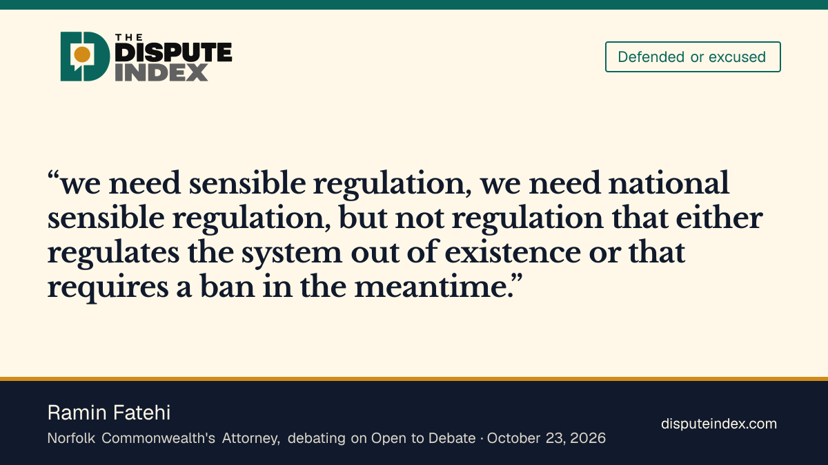 Quote card: Ramin Fatehi, Fatehi calls for national regulation and rejects an interim ban