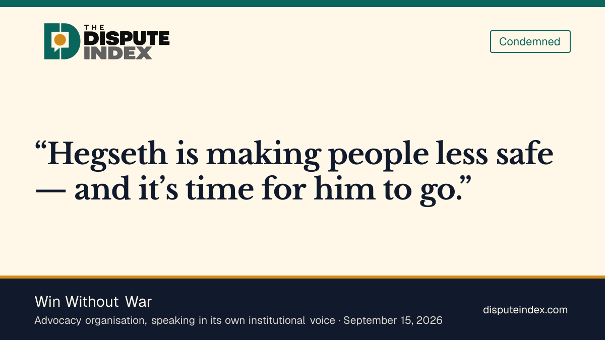 Quote card: Win Without War, Win Without War campaigns for Congress to impeach Hegseth