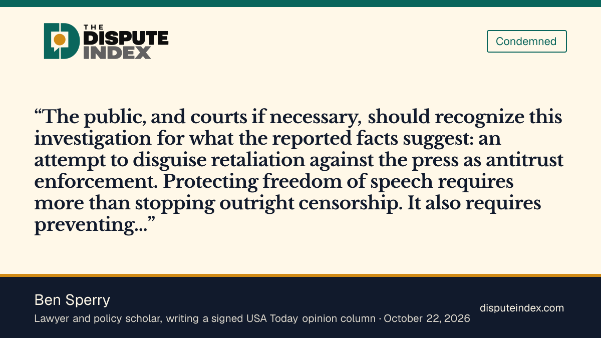 Quote card: Ben Sperry, Sperry says reported facts suggest retaliation disguised as antitrust enforcement