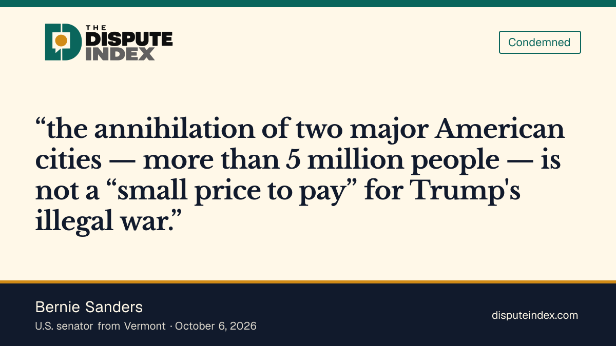 Quote card: Bernie Sanders, Sanders rejects treating American cities as a small price for war