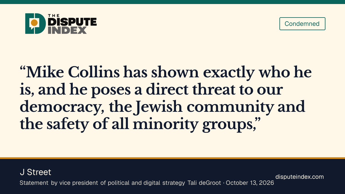 Quote card: J Street, J Street condemns Collins' associations in an ad-campaign announcement