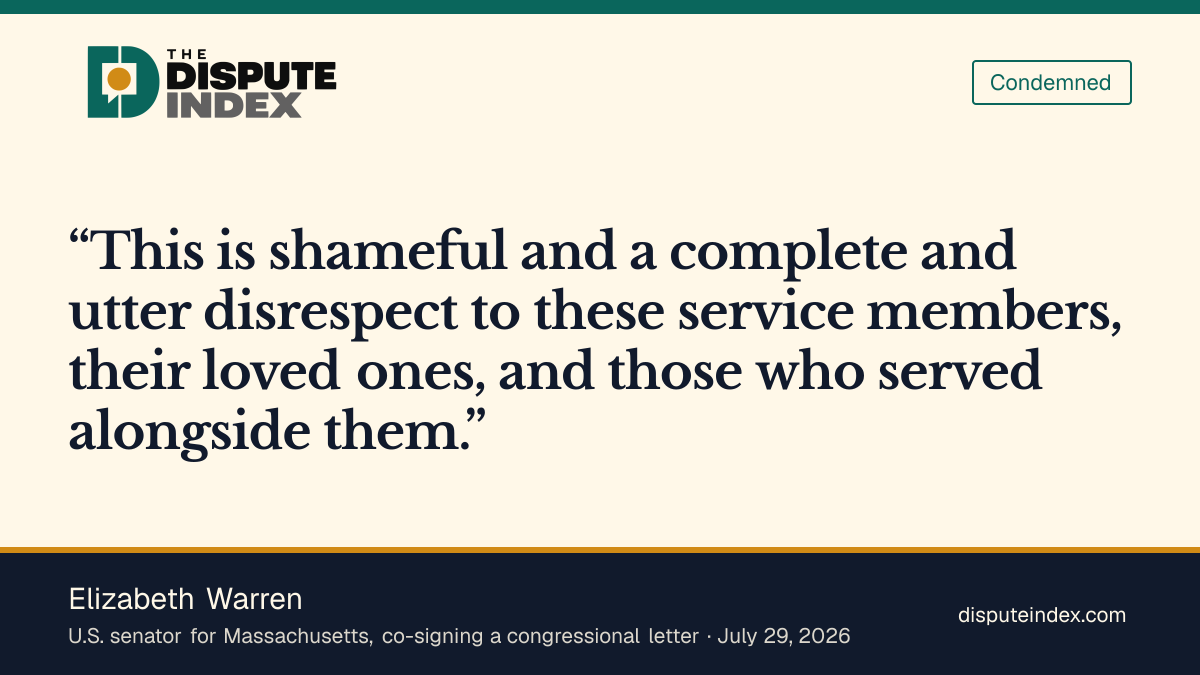 Quote card: Elizabeth Warren, Warren and fellow lawmakers condemn removing deaths from the war count