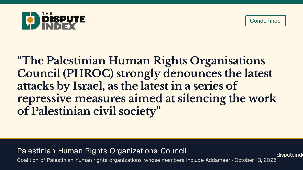 Quote card: Palestinian Human Rights Organizations Council, Palestinian Human Rights Organizations Council denounces the raid as an attack on civil society