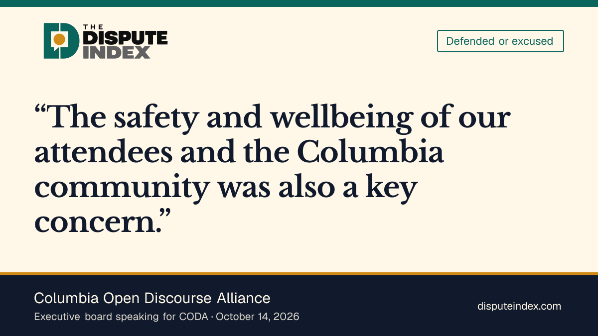 Quote card: Columbia Open Discourse Alliance, CODA cites attendee safety in explaining cancellation