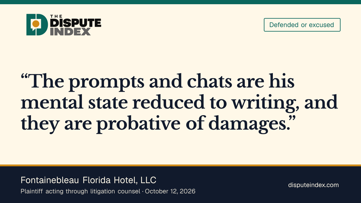 Quote card: Fontainebleau Florida Hotel, LLC, Fontainebleau argues Boteach's AI chats bear on damages