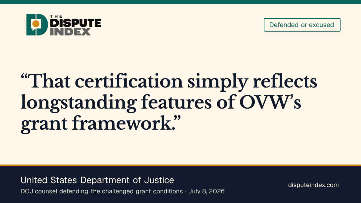 Quote card: United States Department of Justice, DOJ defends the certification as a longstanding requirement
