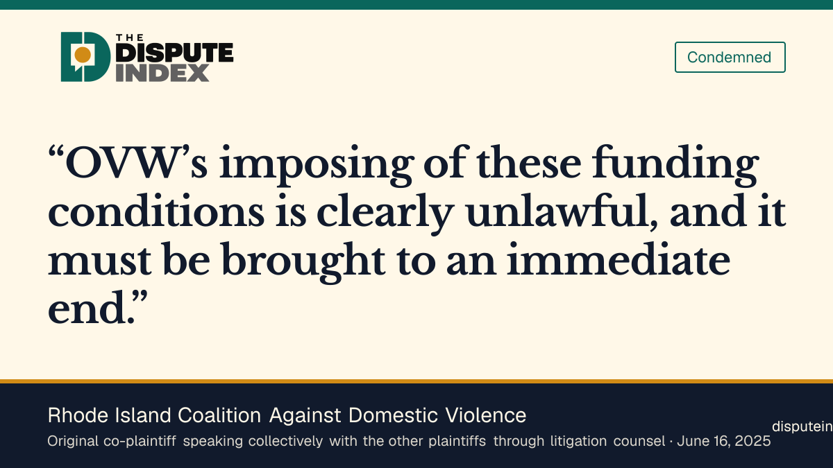 Quote card: Rhode Island Coalition Against Domestic Violence, RICADV and co-plaintiffs challenge OVW funding conditions