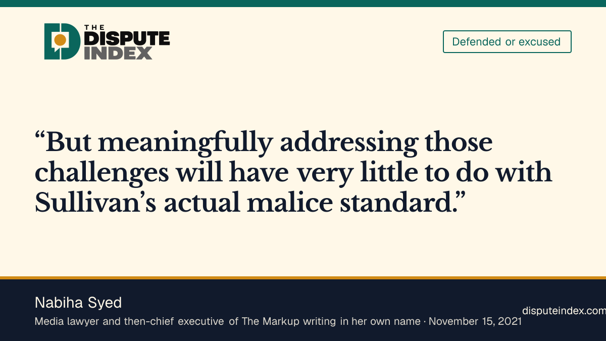 Quote card: Nabiha Syed, Syed argues that changing Sullivan would not solve misinformation