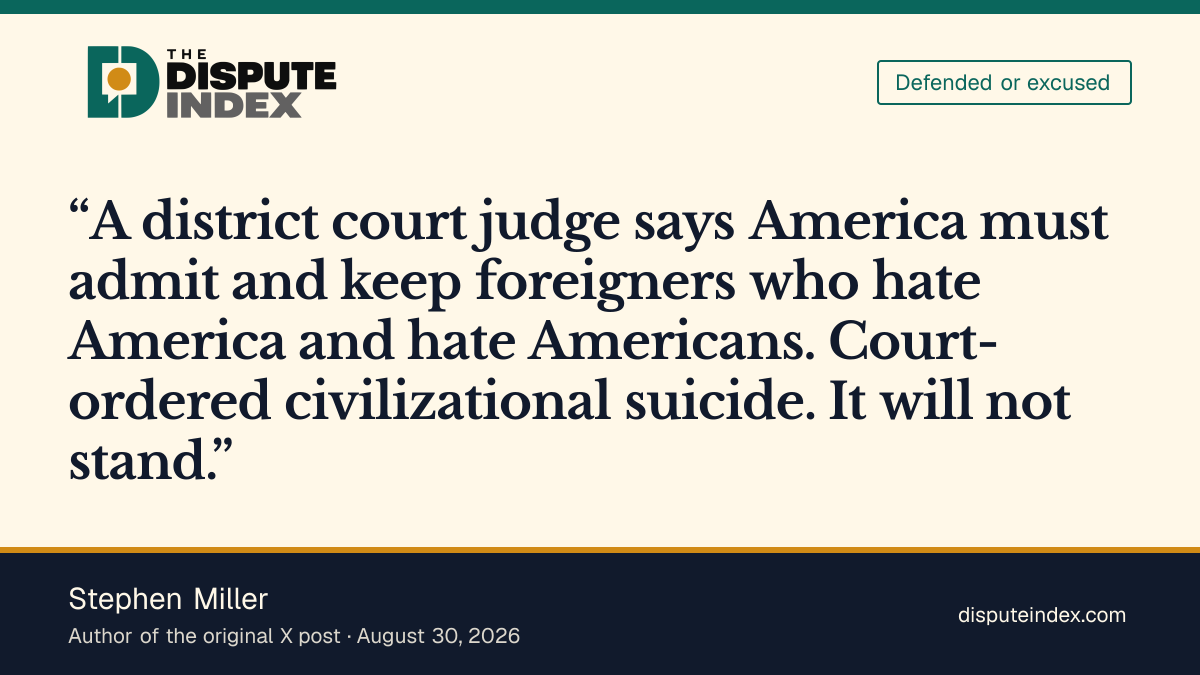 Quote card: Stephen Miller, Miller says the speech-based deportation ruling will not stand