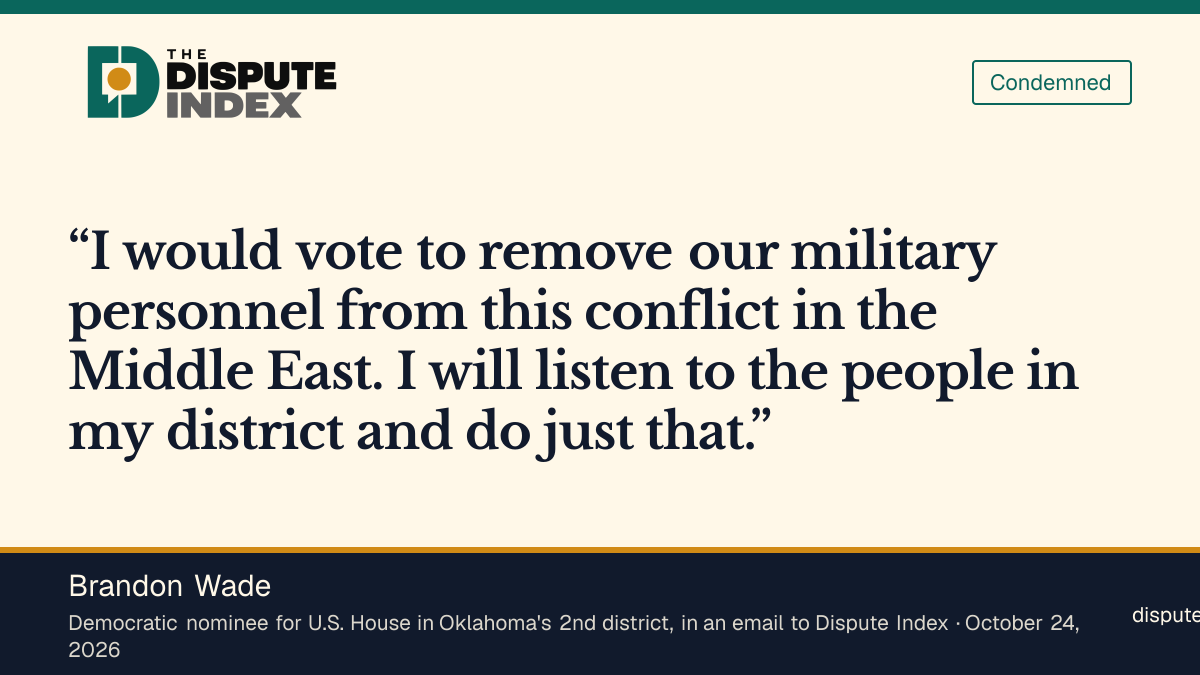 Quote card: Brandon Wade, Brandon Wade says he would vote to remove U.S. forces from the Iran conflict