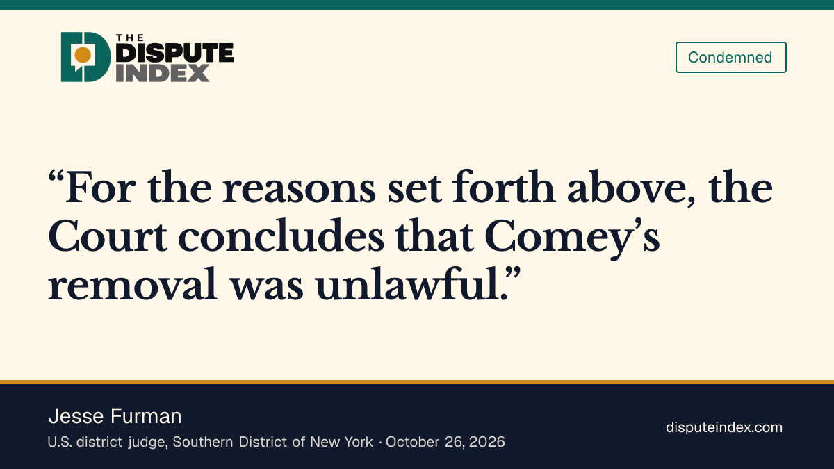 Quote card: Jesse Furman, Judge Furman rejects DOJ's legal defense of Comey's firing