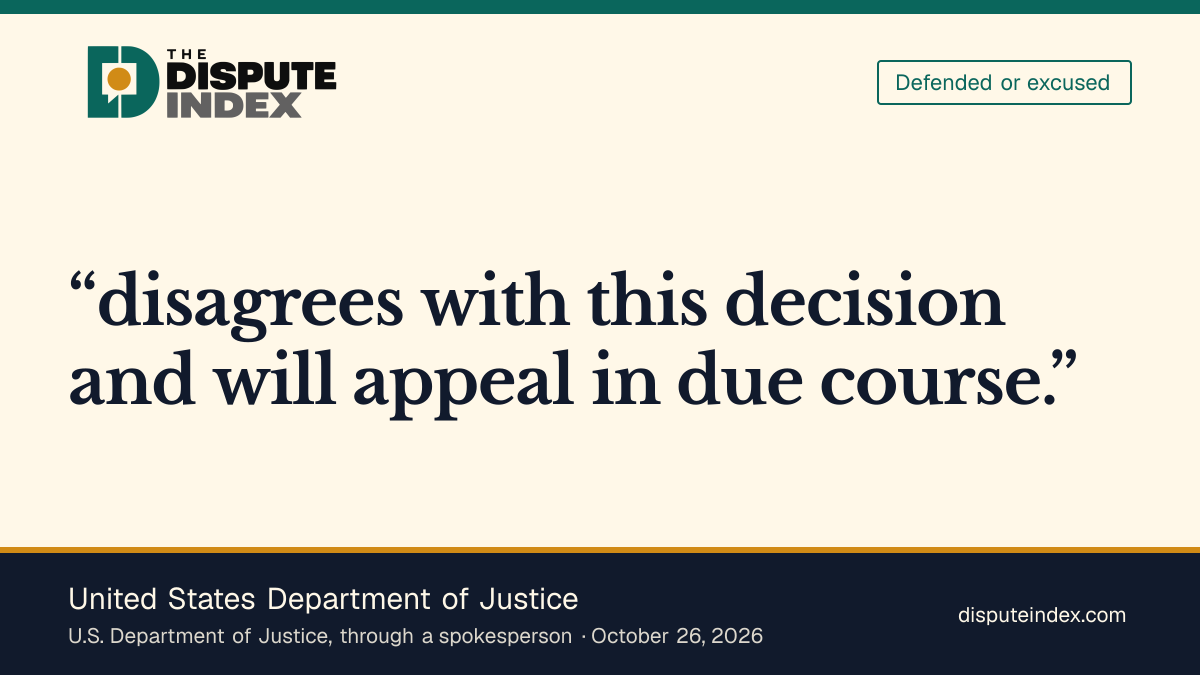 Quote card: United States Department of Justice, DOJ says it will appeal the Comey firing ruling