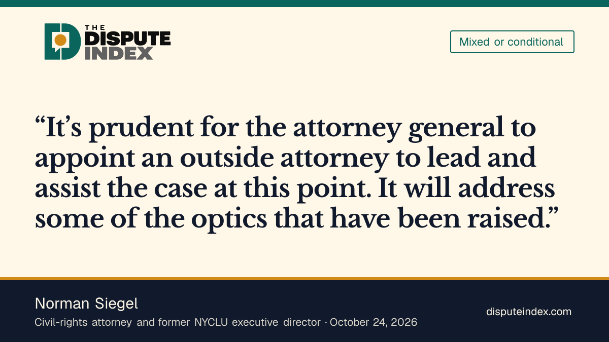 Quote card: Norman Siegel, Siegel supports outside counsel while warning about prejudgment