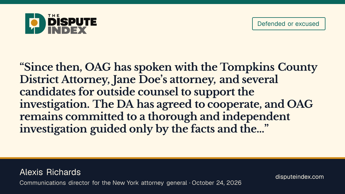 Quote card: Alexis Richards, Richards says James's office remains committed to an independent Cornell investigation
