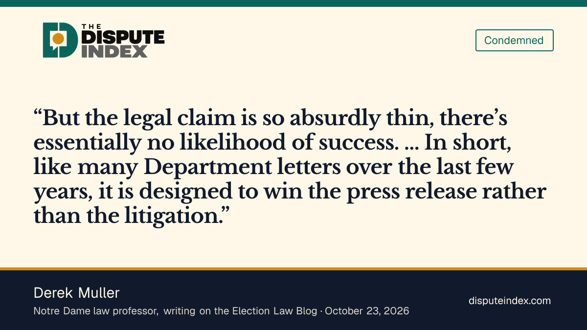 Quote card: Derek Muller, Muller says DOJ's Alaska claim is "absurdly thin" and built for a press release
