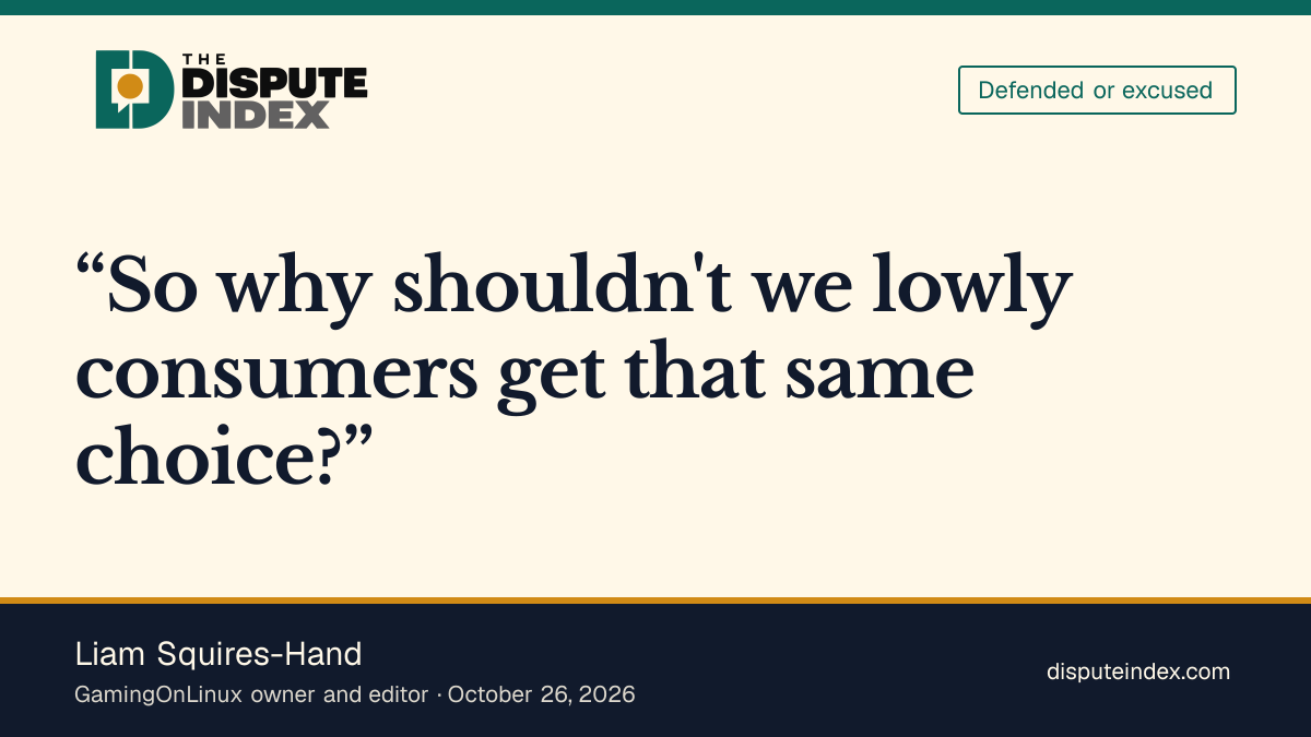 Quote card: Liam Squires-Hand, Squires-Hand says game buyers deserve the AI information Steam's labels provide