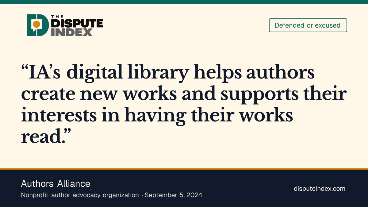 Quote card: Authors Alliance, Authors Alliance says the court mischaracterized how the Internet Archive's lending affects most authors