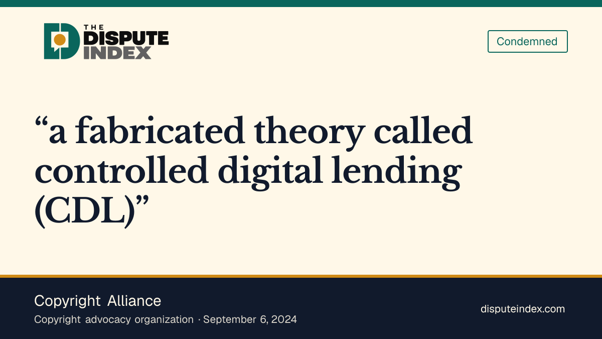 Quote card: Copyright Alliance, Copyright Alliance calls controlled digital lending a fabricated theory