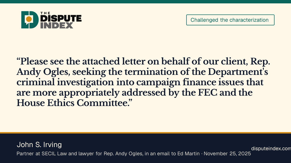 Quote card: John S. Irving, Ogles's lawyer asks Ed Martin to end DOJ's criminal investigation of Ogles