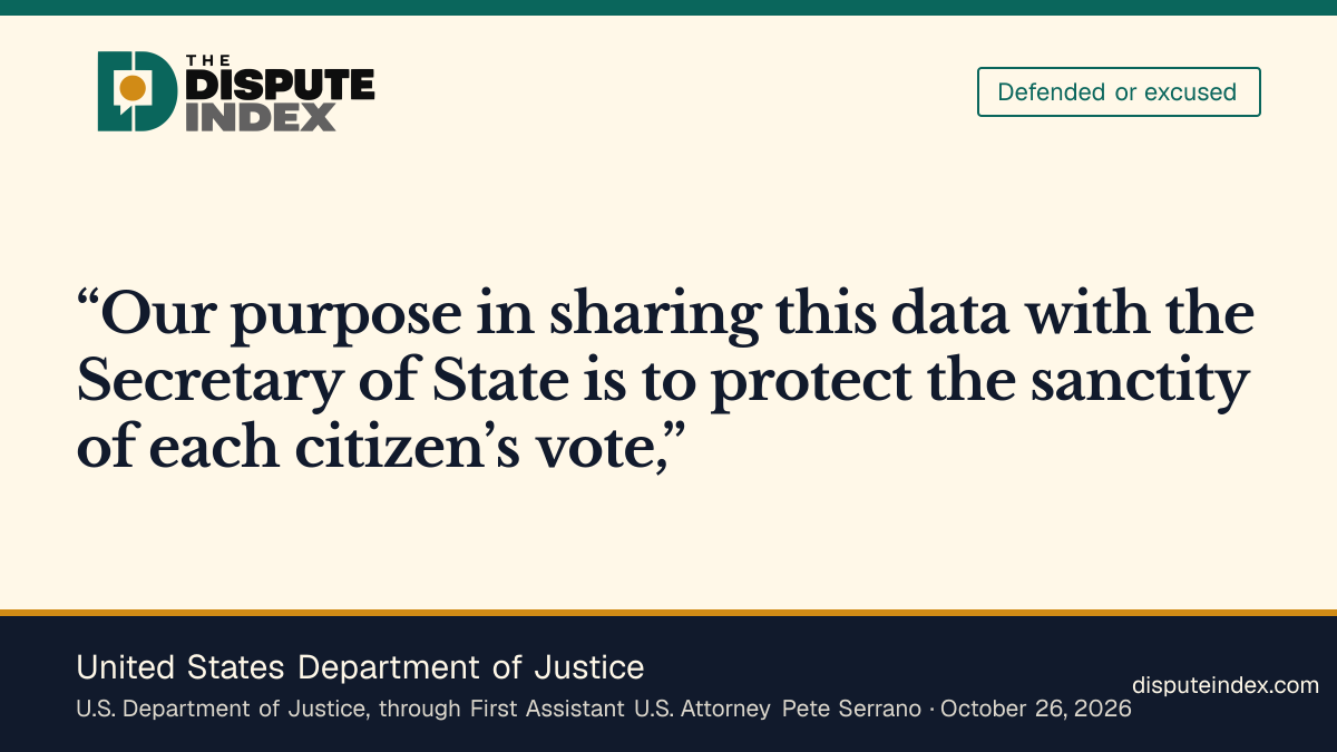 Quote card: United States Department of Justice, DOJ says sharing its list of flagged voters protects each citizen's vote