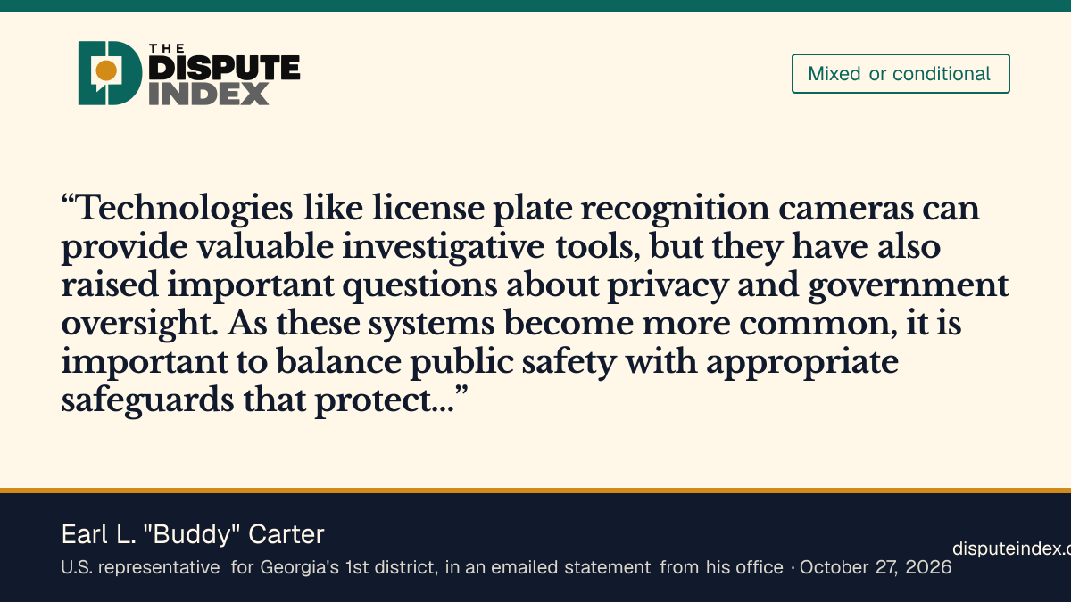 Quote card: Earl L. "Buddy" Carter, Buddy Carter says license plate cameras help investigators but need privacy safeguards