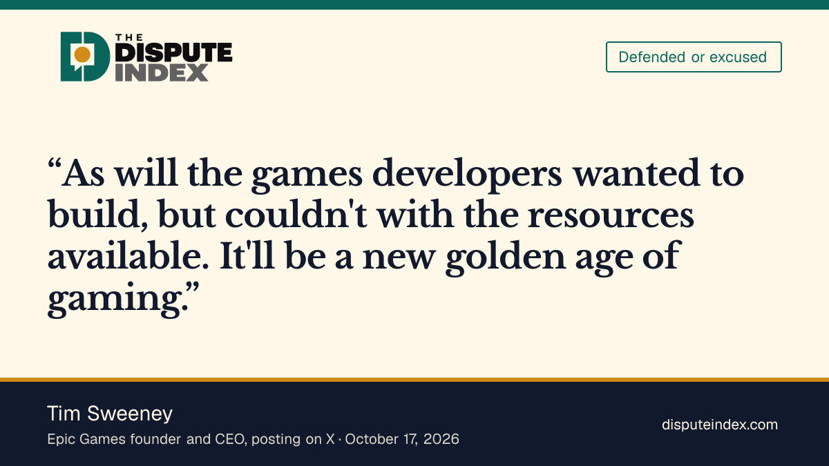 Quote card: Tim Sweeney, Sweeney predicts AI will make previously unaffordable games possible