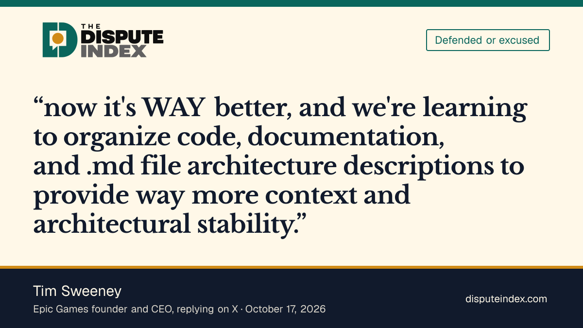 Quote card: Tim Sweeney, Sweeney says AI coding tools have improved since January tests