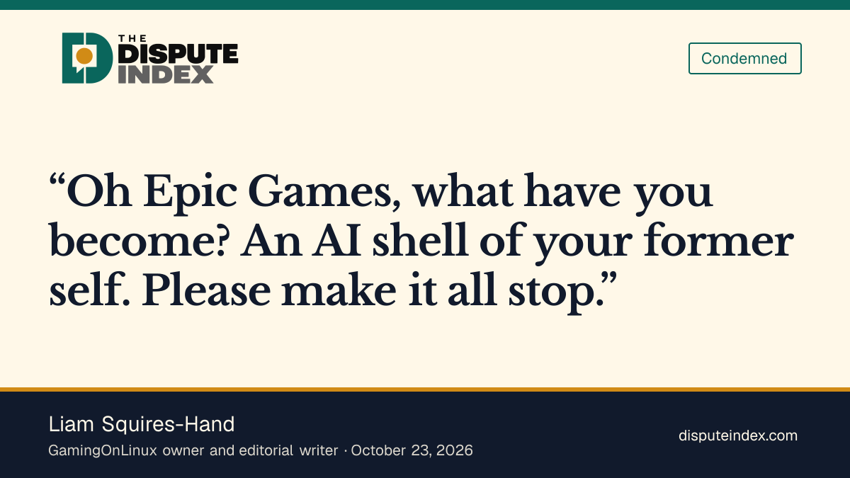 Quote card: Liam Squires-Hand, Squires-Hand criticizes Epic's AI pivot and game-jam promotion