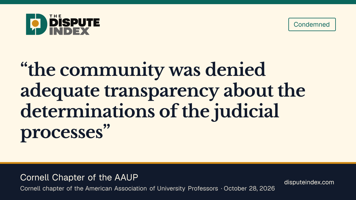 Quote card: Cornell Chapter of the AAUP, Cornell AAUP criticizes transparency about judicial determinations
