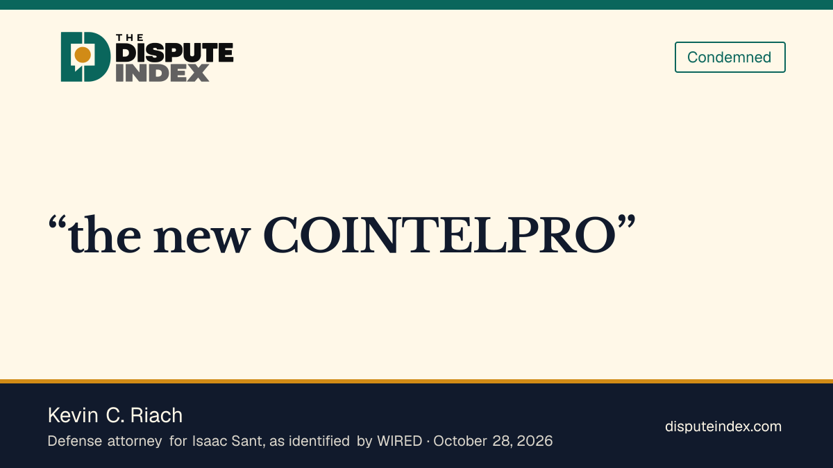 Quote card: Kevin C. Riach, Riach compares HSI's role to COINTELPRO