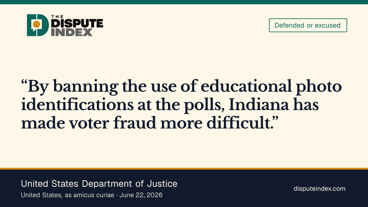 Quote card: United States Department of Justice, DOJ supports Indiana's challenge to the injunction