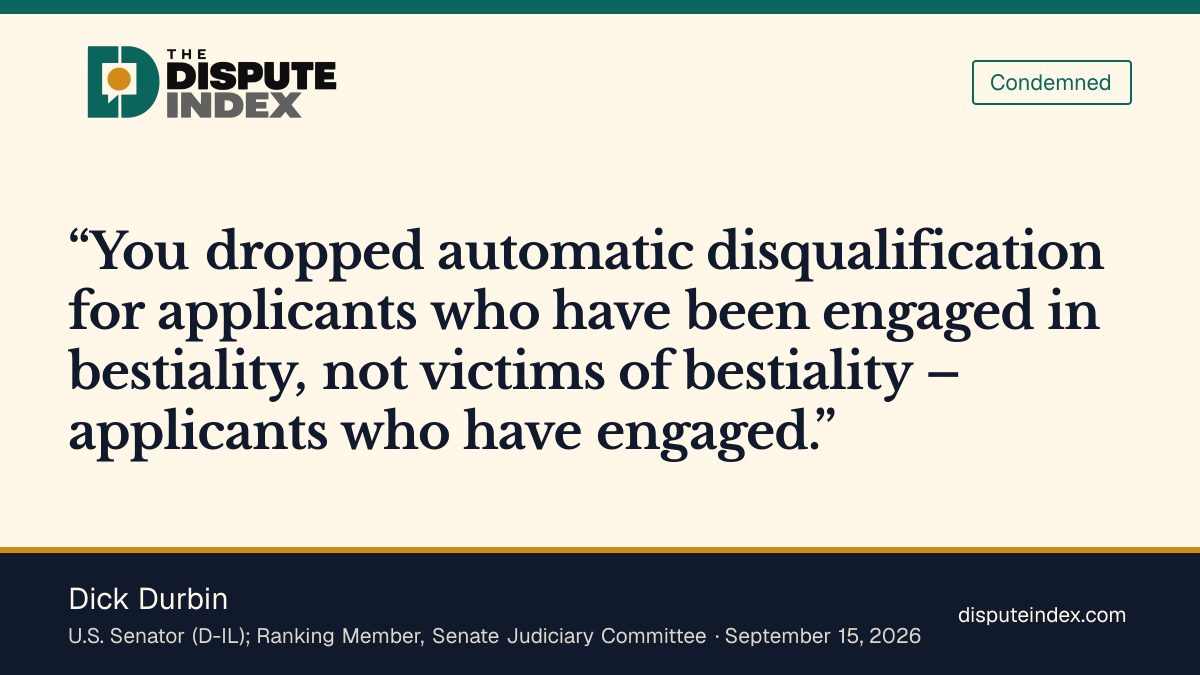 Quote card: Dick Durbin, Dick Durbin: the policy drops disqualification for "applicants who have engaged," not victims