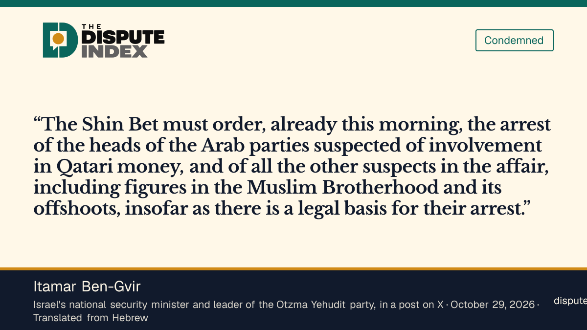 Quote card: Itamar Ben-Gvir, Ben-Gvir says the Shin Bet must order the arrest of Arab party leaders suspected over Qatari money