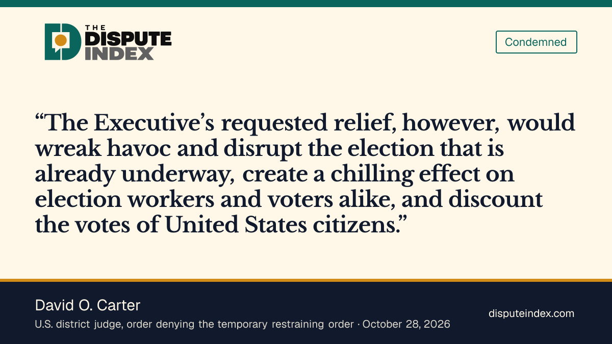Quote card: David O. Carter, Carter says the requested relief would disrupt an election already underway