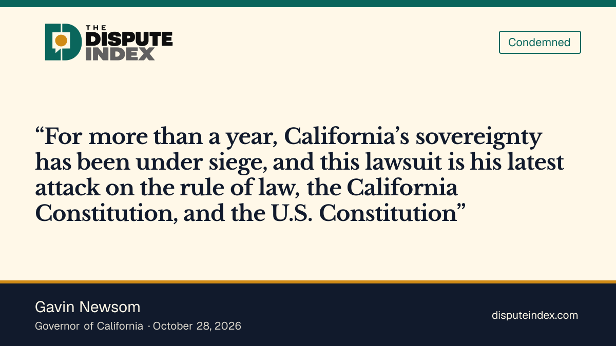 Quote card: Gavin Newsom, Newsom calls the ballot lawsuit an attack on the rule of law