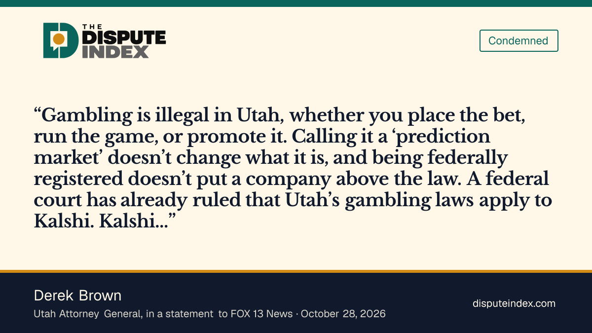 Quote card: Derek Brown, Derek Brown says Kalshi kept taking bets from Utahns after a federal court ruled that Utah's gambling laws apply