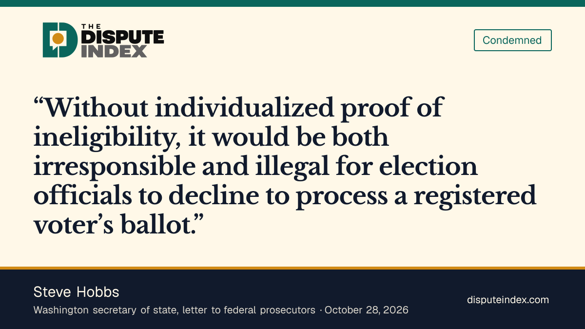 Quote card: Steve Hobbs, Hobbs says declining to process ballots without individualized proof would be irresponsible and illegal